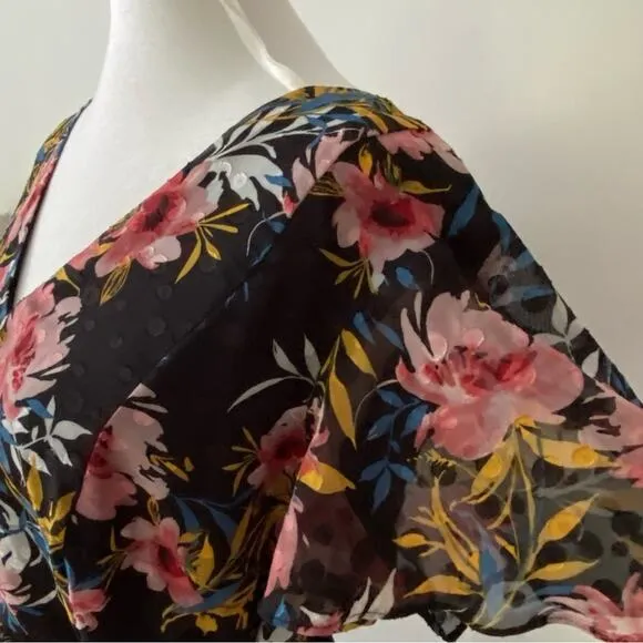 Lane Bryant 18 Boho Midi Dress Black Floral dot flutter short sleeve