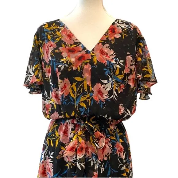 Lane Bryant 18 Boho Midi Dress Black Floral dot flutter short sleeve