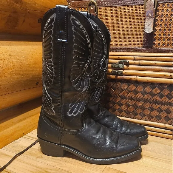 Laredo Men's Black Square Toe Eagle Graphic Stitch Western Dress Boots Size 7.5