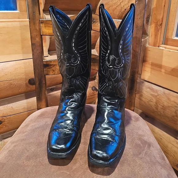Laredo Men's Black Square Toe Eagle Graphic Stitch Western Dress Boots Size 7.5