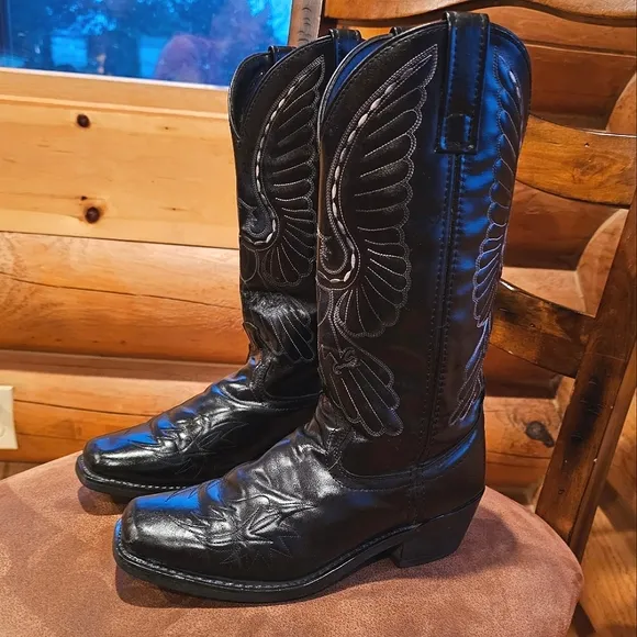 Laredo Men's Black Square Toe Eagle Graphic Stitch Western Dress Boots Size 7.5