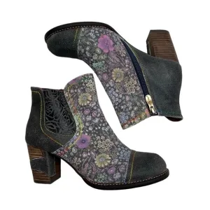 L'Artiste by Spring Step Navy/Purple Rainbow Floral Bootie Boots Size 37