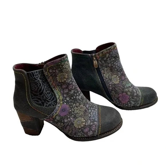 L'Artiste by Spring Step Navy/Purple Rainbow Floral Bootie Boots Size 37