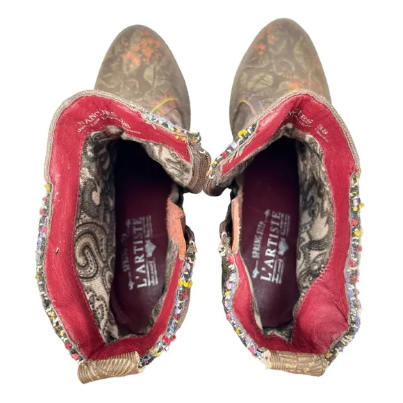 L'Artiste by Spring Step |‎ Womens 38 | Nancies Olive Multi Leather Ankle Bootie