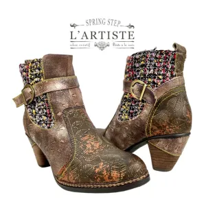 L'Artiste by Spring Step |‎ Womens 38 | Nancies Olive Multi Leather Ankle Bootie