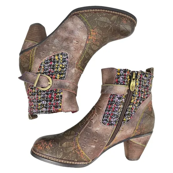 L'Artiste by Spring Step |‎ Womens 38 | Nancies Olive Multi Leather Ankle Bootie