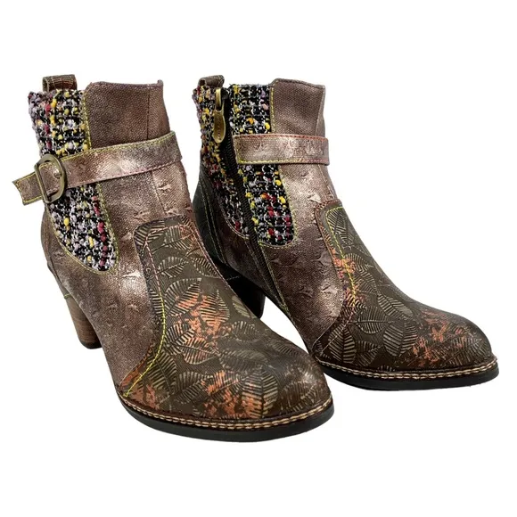 L'Artiste by Spring Step |‎ Womens 38 | Nancies Olive Multi Leather Ankle Bootie