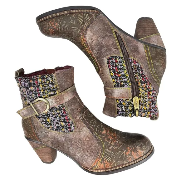 L'Artiste by Spring Step |‎ Womens 38 | Nancies Olive Multi Leather Ankle Bootie