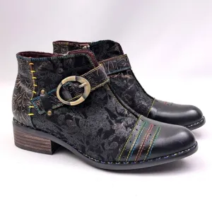 L'Artiste Georgiana Booties Leather &amp; Fabric Buckle Strap Side Zip Black NWOT