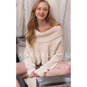 LAST ONE POL Cream Draped Cowl Neck Sweater Popcorn Knit Relaxed Fit