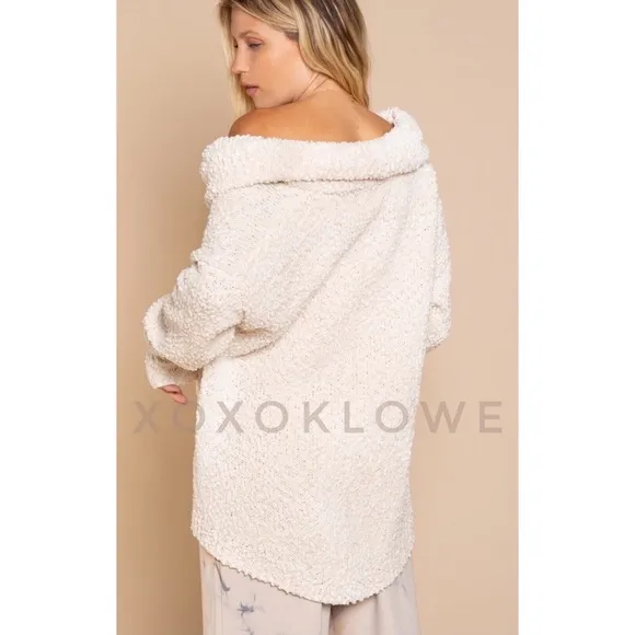 LAST ONE POL Cream Draped Cowl Neck Sweater Popcorn Knit Relaxed Fit