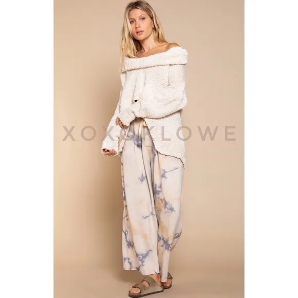 LAST ONE POL Cream Draped Cowl Neck Sweater Popcorn Knit Relaxed Fit