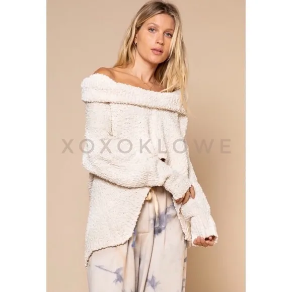 LAST ONE POL Cream Draped Cowl Neck Sweater Popcorn Knit Relaxed Fit