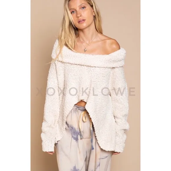 LAST ONE POL Cream Draped Cowl Neck Sweater Popcorn Knit Relaxed Fit
