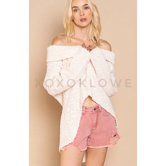 LAST ONE POL Cream Draped Cowl Neck Sweater Popcorn Knit Relaxed Fit