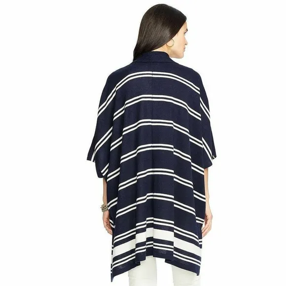 Lauren Ralph Lauren Blue/Ivory Striped Poncho Open Cardigan Silk/Cashmere