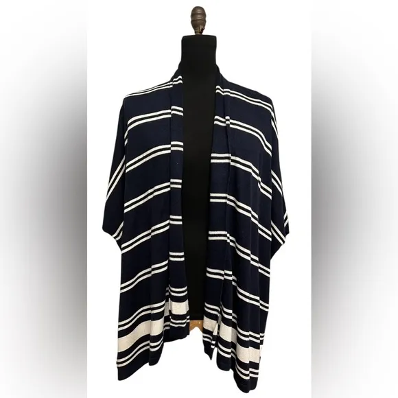 Lauren Ralph Lauren Blue/Ivory Striped Poncho Open Cardigan Silk/Cashmere