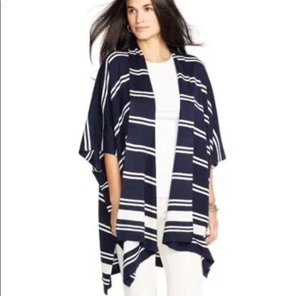 Lauren Ralph Lauren Blue/Ivory Striped Poncho Open Cardigan Silk/Cashmere