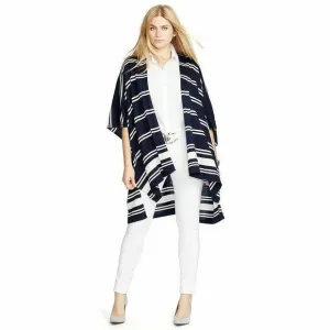 Lauren Ralph Lauren Blue/Ivory Striped Poncho Open Cardigan Silk/Cashmere