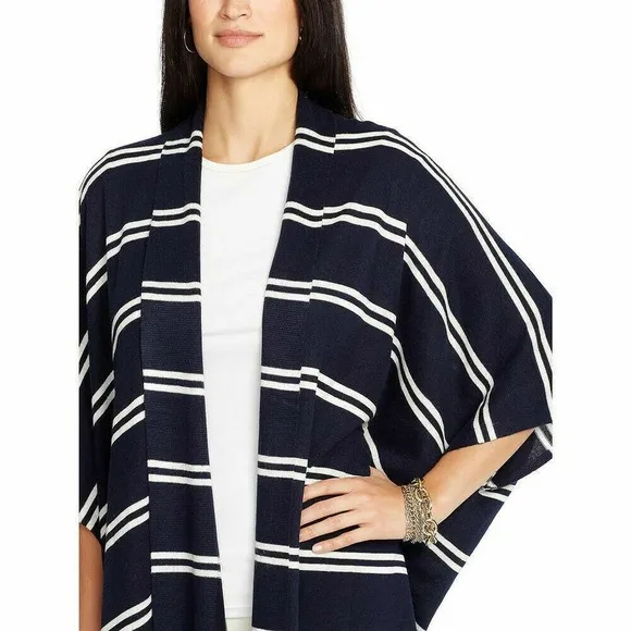 Lauren Ralph Lauren Blue/Ivory Striped Poncho Open Cardigan Silk/Cashmere