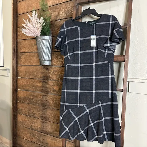 Lauren Ralph Lauren Fit and Flare Dress Gray Plaid Size 12 Dark Academia