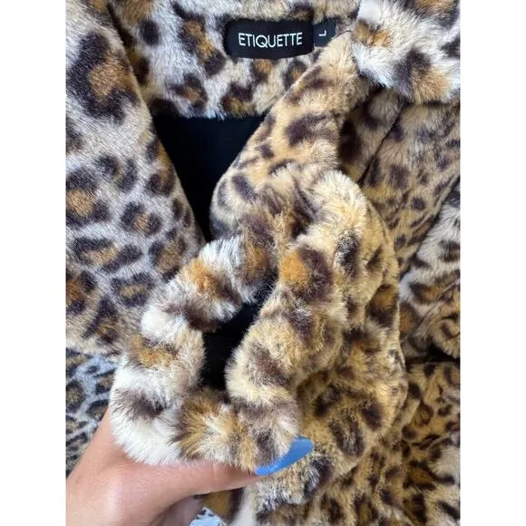 Leopard Print Faux Fur Coat Jacket L | Y2K Mob Wife Glam Rock Animal Print
