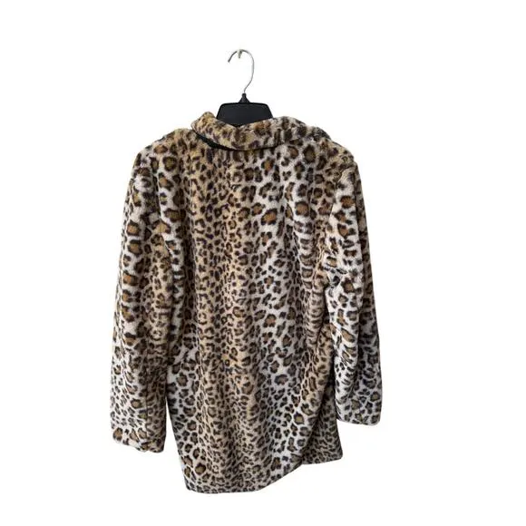 Leopard Print Faux Fur Coat Jacket L | Y2K Mob Wife Glam Rock Animal Print