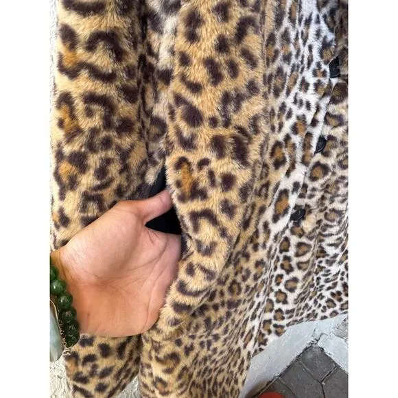 Leopard Print Faux Fur Coat Jacket L | Y2K Mob Wife Glam Rock Animal Print
