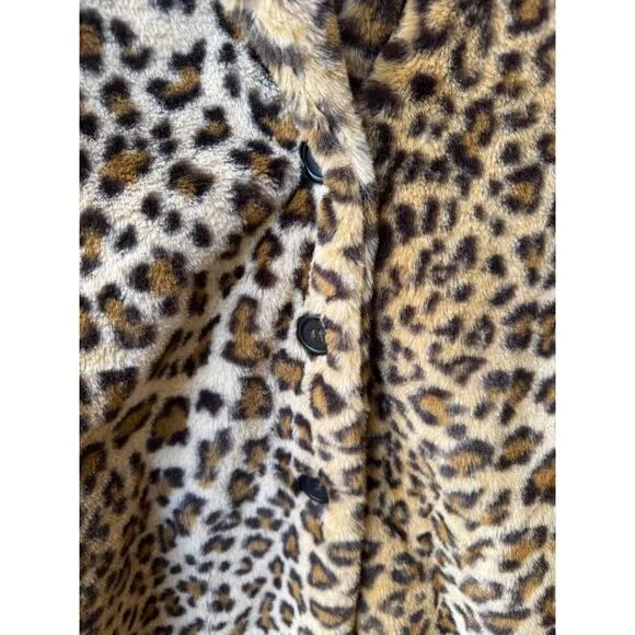 Leopard Print Faux Fur Coat Jacket L | Y2K Mob Wife Glam Rock Animal Print