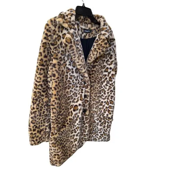 Leopard Print Faux Fur Coat Jacket L | Y2K Mob Wife Glam Rock Animal Print