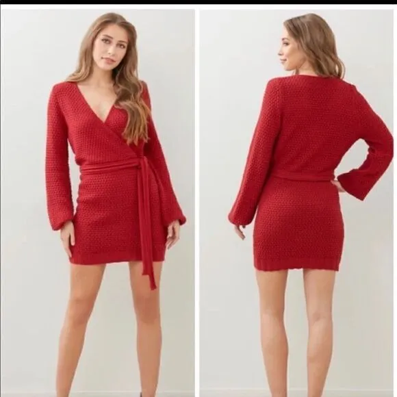 Lerumi tie front wrap mini sweater dress