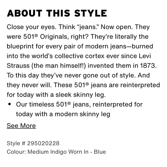 Levi’s 501 Skinny Jeans in Medium Indigo Wash Size 27 x 28