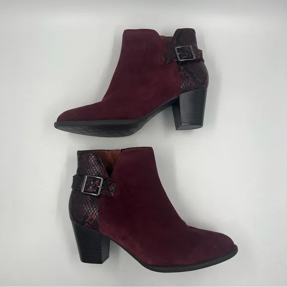 LIKE NEW Vionic Naomi Women's Suede Snake-Print Water-Resistant Boots Wine
