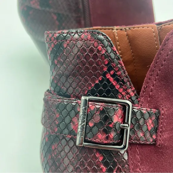 LIKE NEW Vionic Naomi Women's Suede Snake-Print Water-Resistant Boots Wine