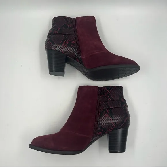 LIKE NEW Vionic Naomi Women's Suede Snake-Print Water-Resistant Boots Wine