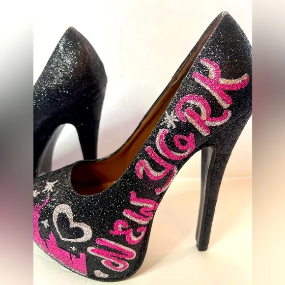LILIANA New York Stiletto Glittery Heels Black/ Hot Pink /Silver  Size 7.5