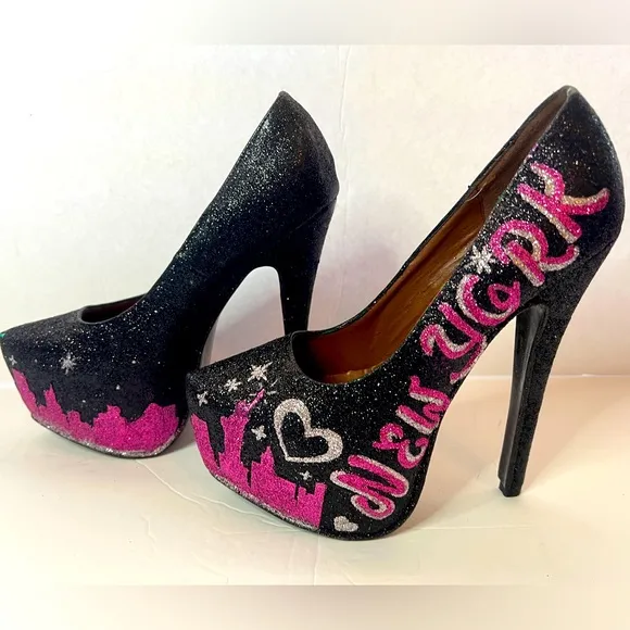 LILIANA New York Stiletto Glittery Heels Black/ Hot Pink /Silver  Size 7.5