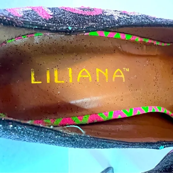 LILIANA New York Stiletto Glittery Heels Black/ Hot Pink /Silver  Size 7.5