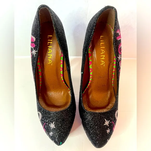 LILIANA New York Stiletto Glittery Heels Black/ Hot Pink /Silver  Size 7.5