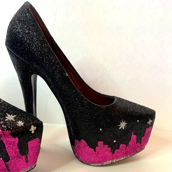 LILIANA New York Stiletto Glittery Heels Black/ Hot Pink /Silver  Size 7.5