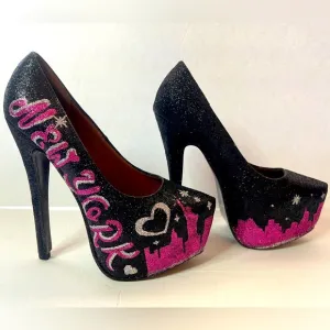 LILIANA New York Stiletto Glittery Heels Black/ Hot Pink /Silver  Size 7.5