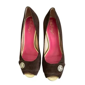 Lilly Pulitzer Brown Suede Resort Chic Peep Toe Wedge Heels Size 7