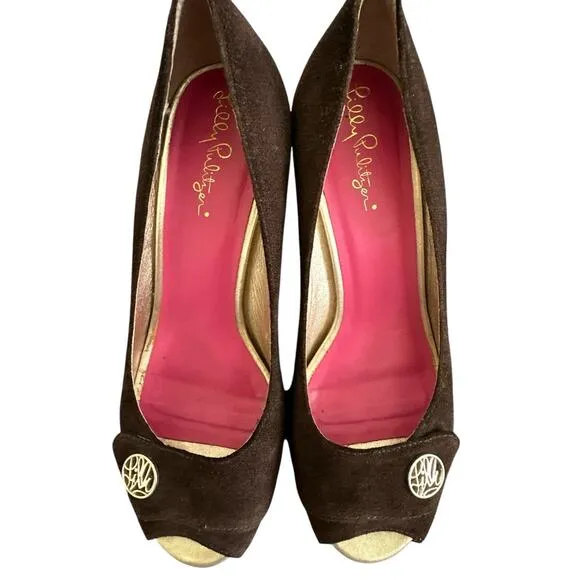 Lilly Pulitzer Brown Suede Resort Chic Peep Toe Wedge Heels Size 7
