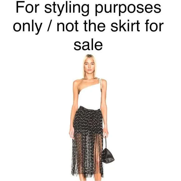Lily Long Playful Fringe Midi Skirt Black with White Embroidered Dots Size US 6