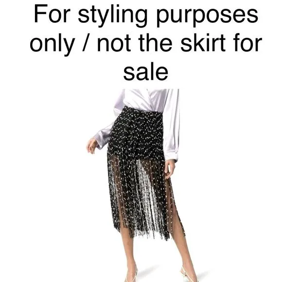 Lily Long Playful Fringe Midi Skirt Black with White Embroidered Dots Size US 6