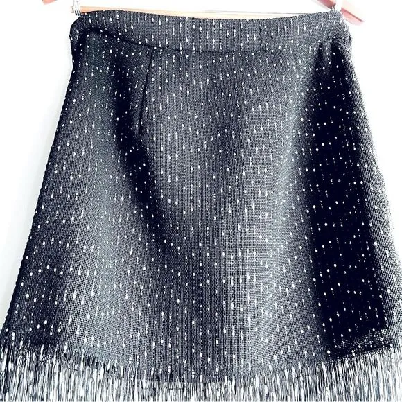 Lily Long Playful Fringe Midi Skirt Black with White Embroidered Dots Size US 6