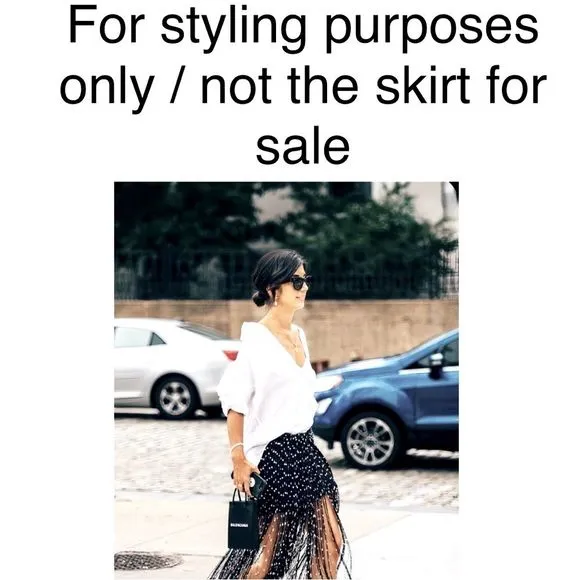 Lily Long Playful Fringe Midi Skirt Black with White Embroidered Dots Size US 6