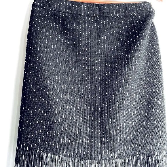 Lily Long Playful Fringe Midi Skirt Black with White Embroidered Dots Size US 6