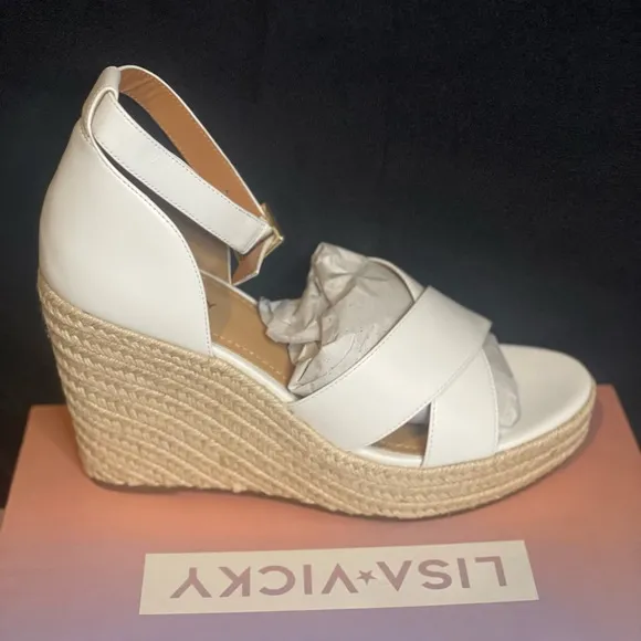 Lisa Vicky Gemi Platform Espadrille Wedge White Sandals, size 10
