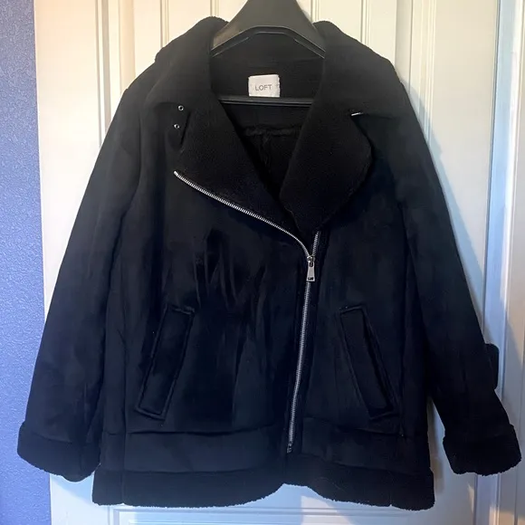 Loft Black Faux Suede Sherpa Moto Zip Up Coat Aviator Jacket